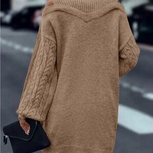 Cozy V-Neck Cable Sleeve Sweater Dress - Camel brand new never worn